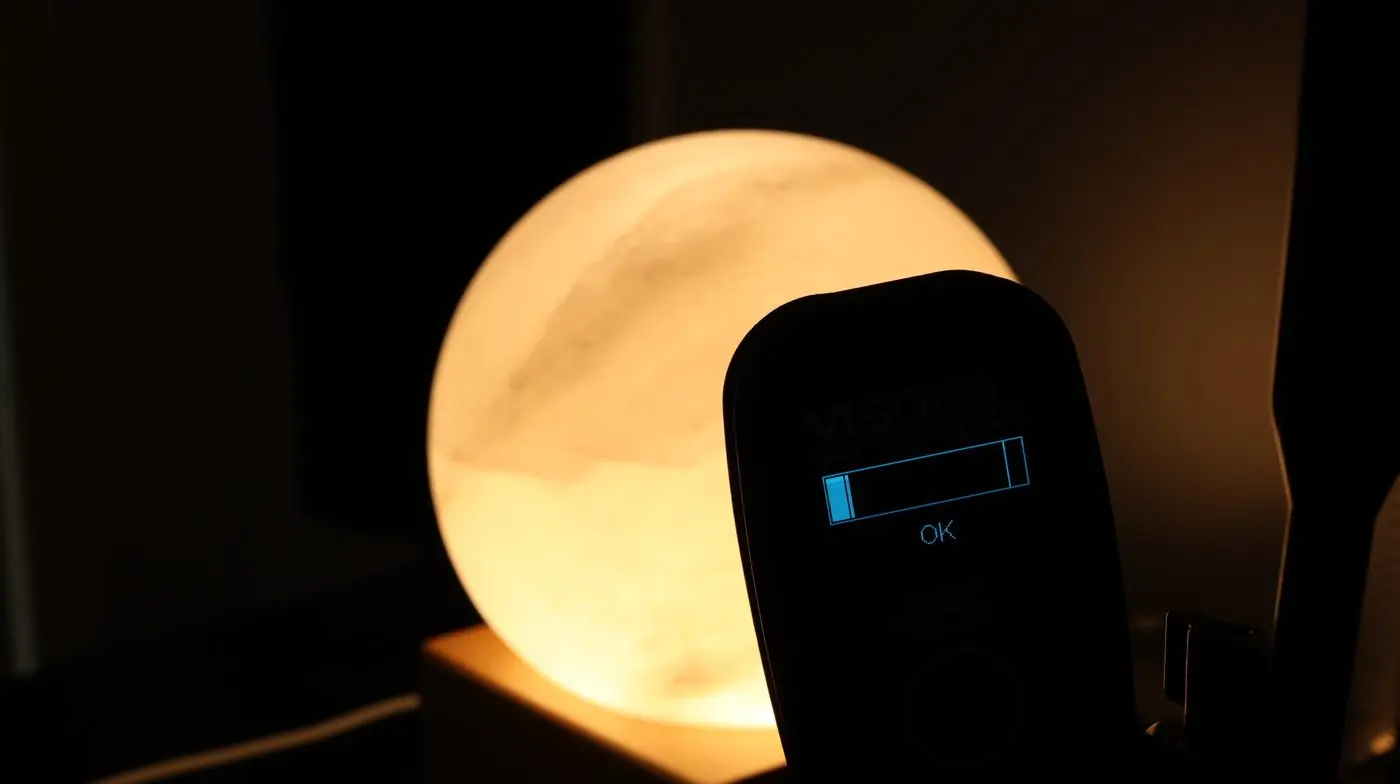A flicker meter measuring a glowing salt-sphere sunrise clock in a dark room