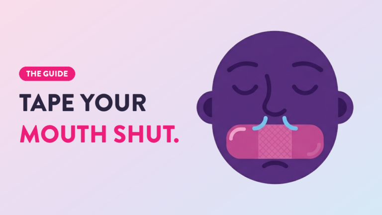 Guide to mouth taping for better sleep: cartoon purple face with a bandage over the mouth promoting nasal breathing