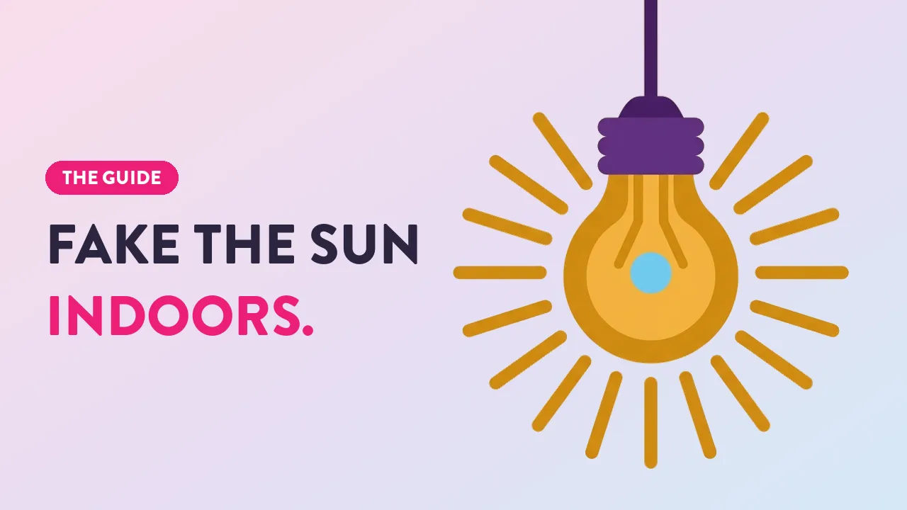Guide graphic showing a glowing light bulb styled as the sun with rays, promoting indoor sunlight simulation tips