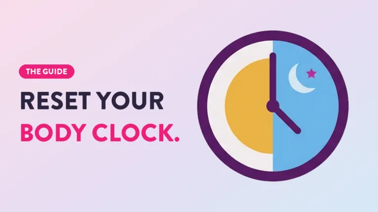 Guide to reset your body clock featuring a clock split into day and night halves with sun and moon symbols