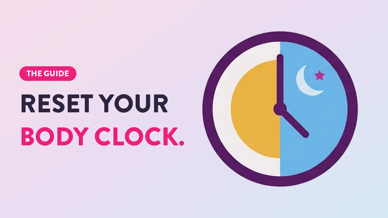 Guide to reset your body clock featuring a clock split into day and night halves with sun and moon symbols