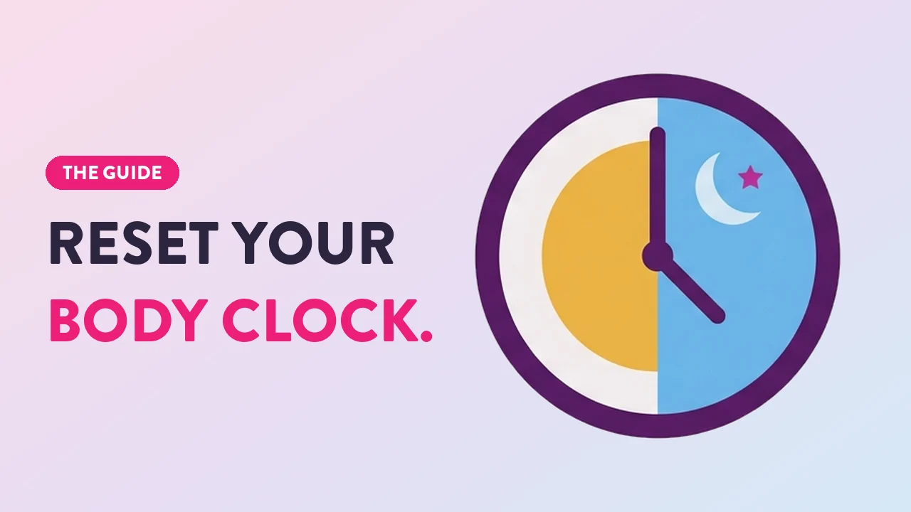 Guide to reset your body clock featuring a clock split into day and night halves with sun and moon symbols