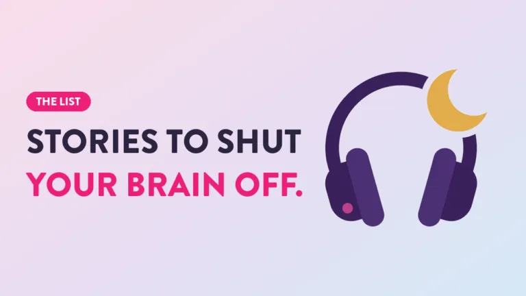 Headphones with crescent moon icon beside bold text reading Stories to Shut Your Brain Off on a pink-purple gradient backgrou