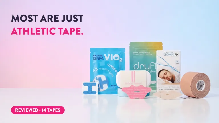 Mouth tape brands reviewed including SomniFix, VIO2, DryFi Sleep, and Skinny Confidential — most are just athletic tape