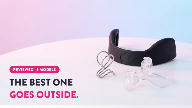 Three anti-snoring devices reviewed: black mouthguard, metal tongue retainer, and clear MAD splint — best one for outside use