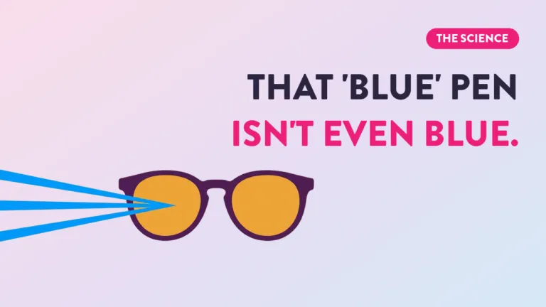 Blue light rays blocked by orange-tinted glasses with text: That blue pen isn't even blue — science of blue light filtering