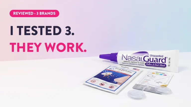 NasalGuard airborne particle blocker review alongside First Defense nasal filters and O2 nose filters for allergy relief