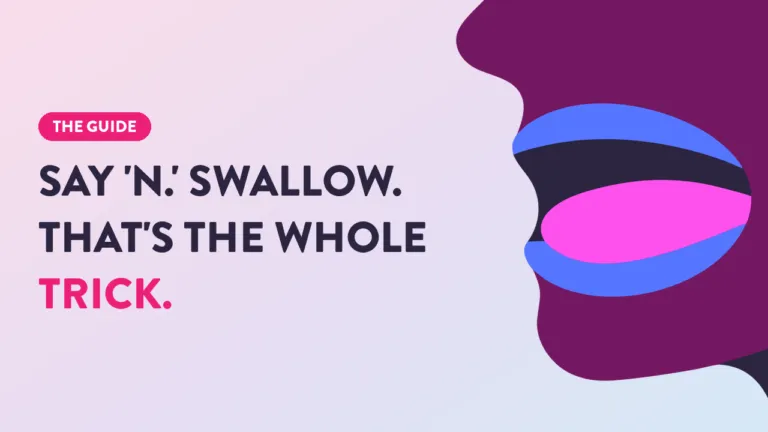 Guide graphic showing how to swallow a pill: say N and swallow. Illustrated profile with pill graphic on purple background.