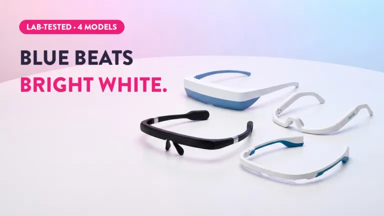 Four lab-tested light therapy glasses models on white surface with text Blue Beats Bright White