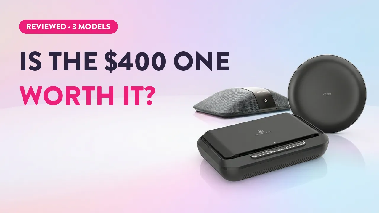 Comparison review of 3 Bluetooth speakerphone models including Atem, asking if the $400 option is worth it