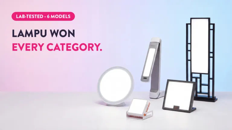 Lampu light therapy lamps collection displaying 5 lab-tested SAD light therapy models including desk and floor designs