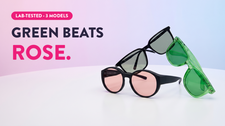 Lab-tested green and rose-tinted blue light blocking glasses comparison showing 3 models — green lenses beat rose lenses
