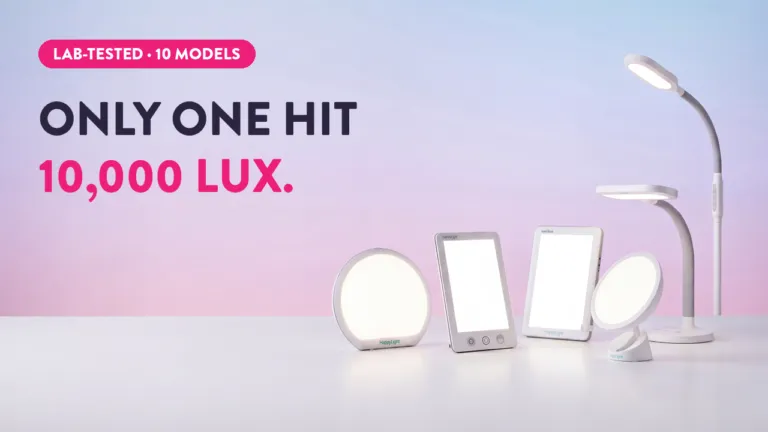 HappyLight therapy lamps lineup showing only one model reaching 10000 lux in lab tests among 10 models