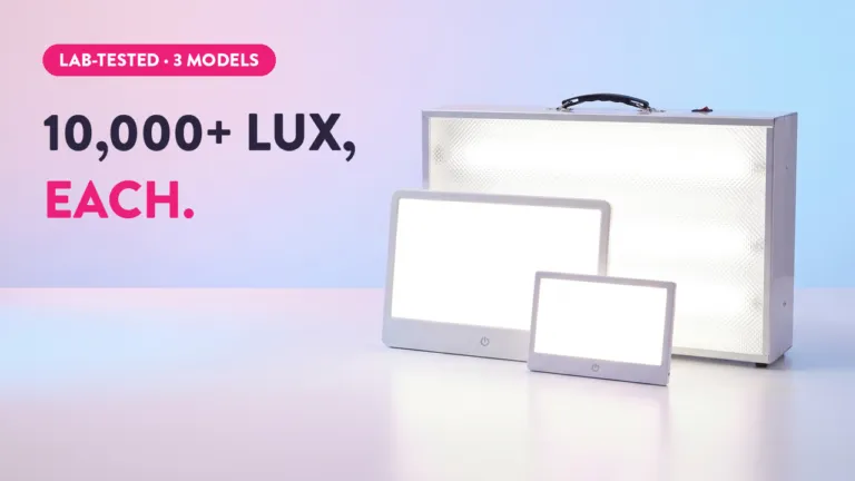Three lab-tested SAD light therapy lamps delivering 10,000+ lux each, in small, medium, and large models