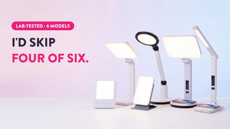 Lab-tested light therapy lamps comparison showing 6 models on white surface with text "I'd Skip Four of Six"
