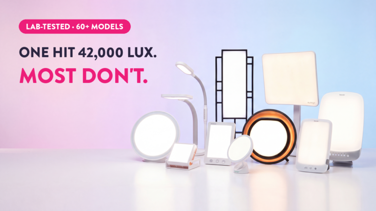 Lab-tested light therapy lamps collection showing 60+ models, one reaching 42,000 lux for seasonal depression relief