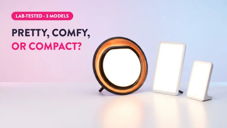 Three lab-tested light therapy lamps compared: pretty circular, comfy large, and compact small SAD light models