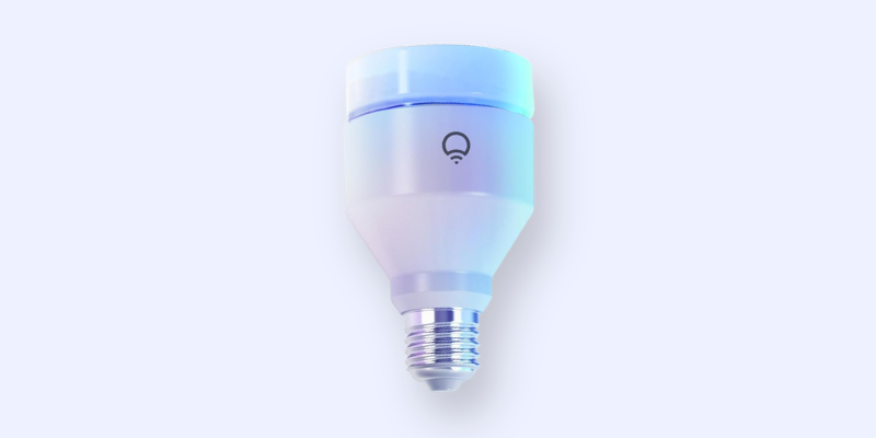A smart LED light bulb with a screw base, featuring a logo on its side, set against a light blue background. The bulb emits a soft blue glow near the top.