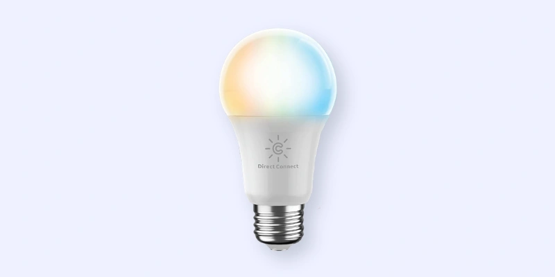 A smart LED light bulb with a soft gradient from warm yellow to cool blue on the glass, featuring a standard screw base and Direct Connect label on the white lower half.