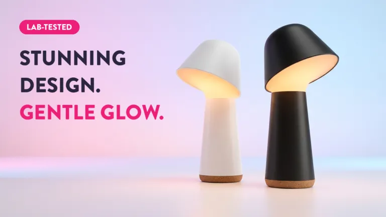 Lab-tested mushroom table lamps in white and black with warm glow and cork base — stunning minimalist desk lighting design