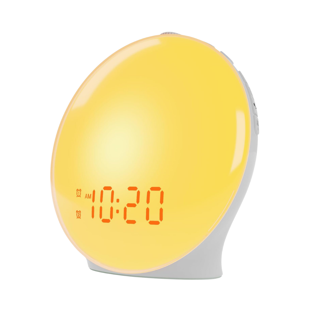 Wake-up light alarm clock displaying 10:20 AM with yellow glow display