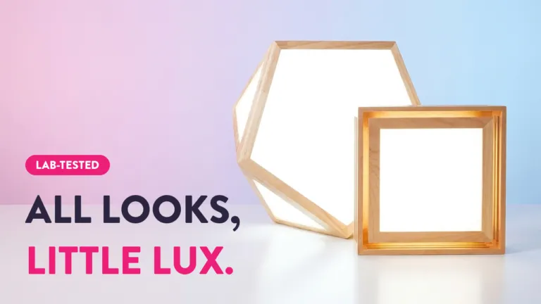 Lab-tested light therapy lamps with wooden frames in geometric hexagon and square shapes against pastel background