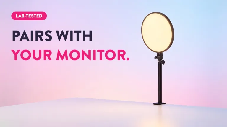 Lab-tested desk ring light on monitor stand, warm LED glow, pairs with your monitor setup for video calls