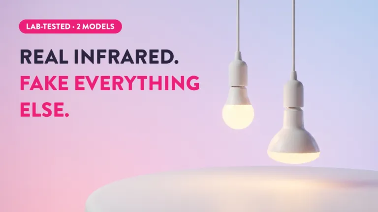 Lab-tested infrared light bulbs advertisement showing two pendant bulbs glowing warm white with bold marketing text