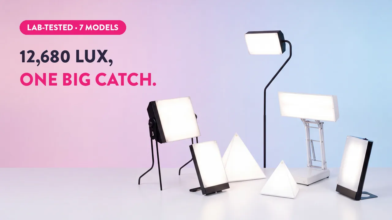 Lab-tested SAD light therapy lamps comparison showing 7 models, 12,680 lux brightness, on white surface