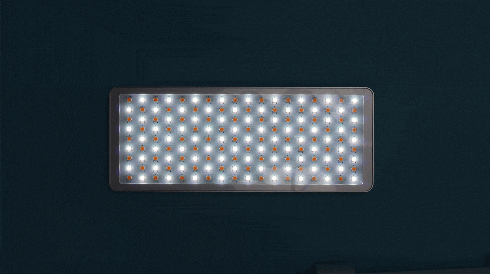 A rectangular LED light panel with multiple illuminated small bulbs is shown against a dark background.