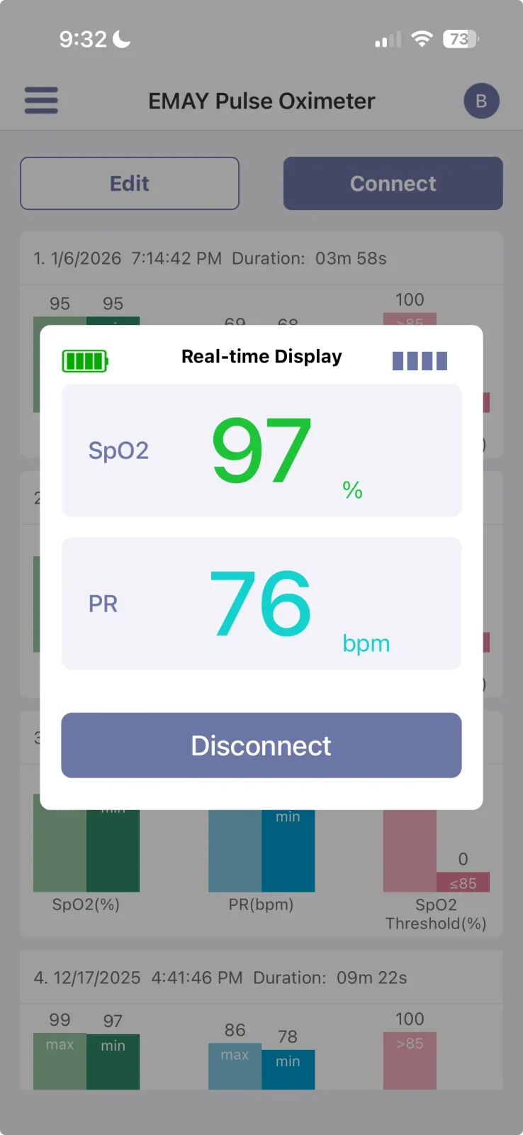 EMAY app screenshot displaying live SPO2 and PR view 