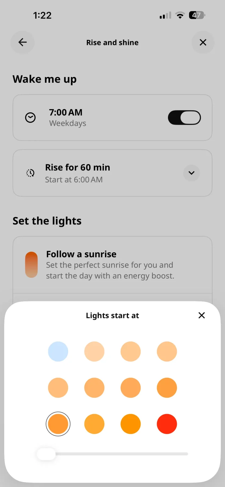 ikea sunrise automation color selection settings