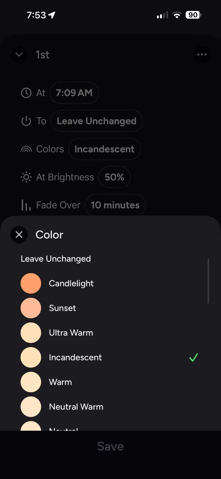 lifx sunrise automation color temperature settings screen