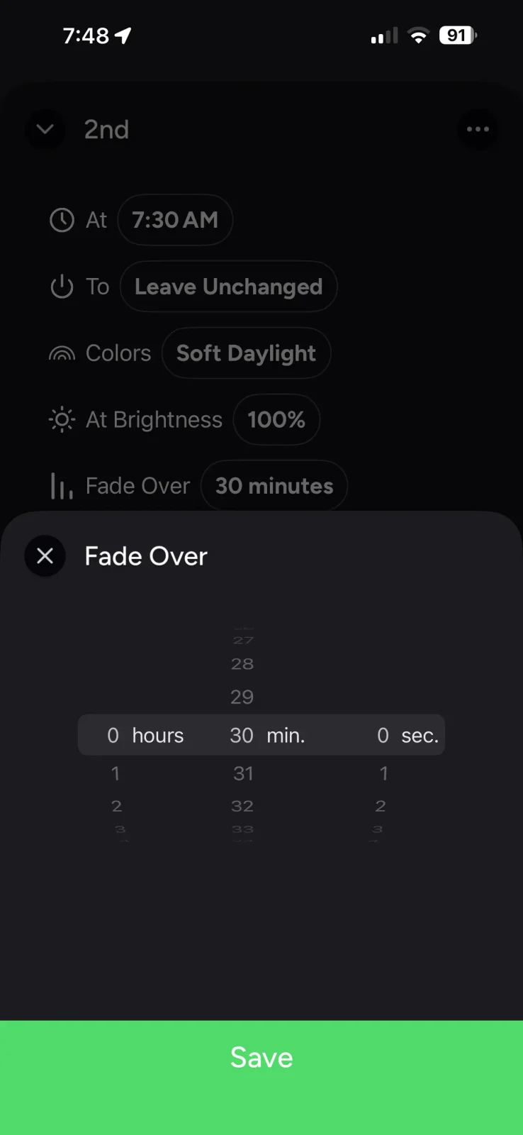 lifx sunrise automation fade duration settings screen