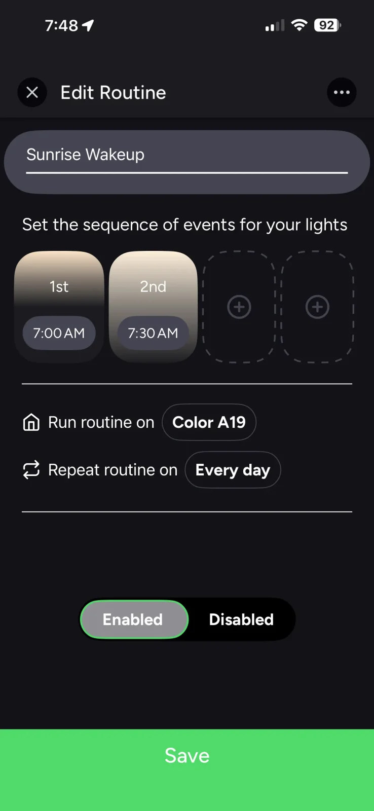 lifx sunrise automation main settings screen