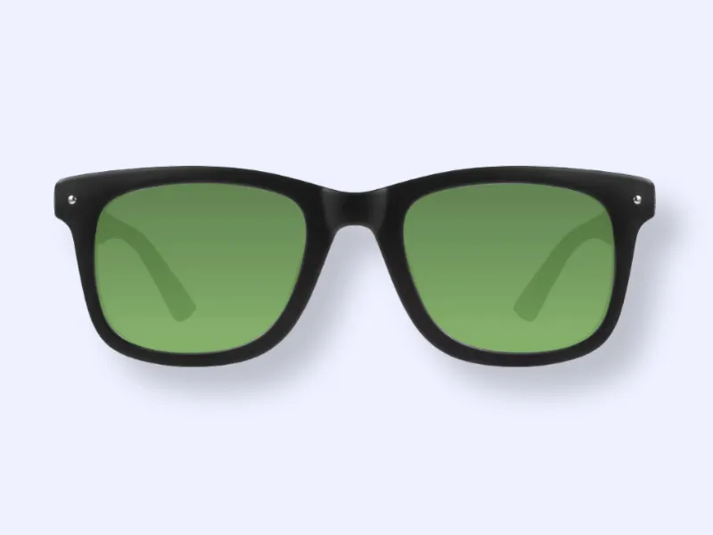 A pair of black-framed sunglasses with green-tinted lenses is displayed against a light gray background.