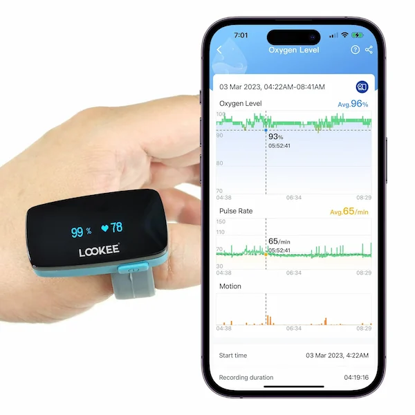 A hand wearing a LOOKE fingertip pulse oximeter displays SpO2 99% and pulse 78. Next to it, a smartphone shows oxygen level, pulse rate, and motion graphs from the device on a health monitoring app.