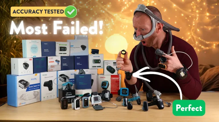A man wearing a CPAP mask looks shocked at a pulse oximeter on his finger, surrounded by various oximeters and boxes. Text reads “Most Failed!” with labels “Accuracy Tested” and “Perfect” on the image.