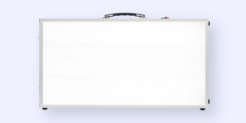 A rectangular, white fronted briefcase with a black handle, viewed from above against a light background.