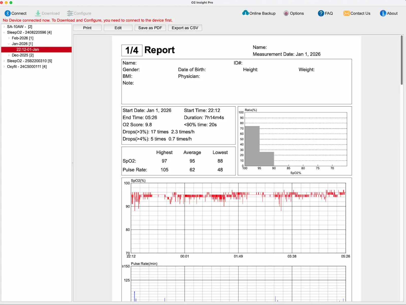 Screenshot of a sleep study report showing patient data, a bar chart, and a line graph of SpO2 levels over time. The report includes summary statistics like average and lowest values, start/end times, and patient information fields.
