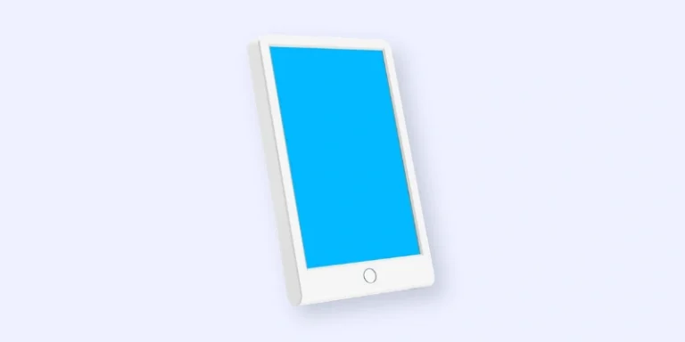 A white tablet device with a blank blue screen is shown floating at an angle against a light, pale background.