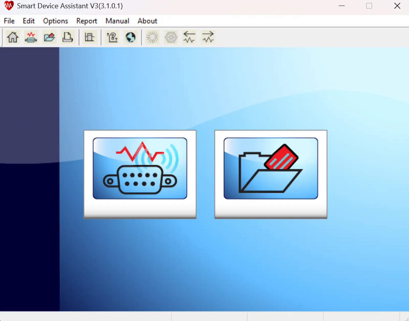 Screenshot of the Smart Device Assistant software showing two large icons: one with a port and red waveform, and one with a folder containing a red card, on a blue background. Menu options are visible at the top.