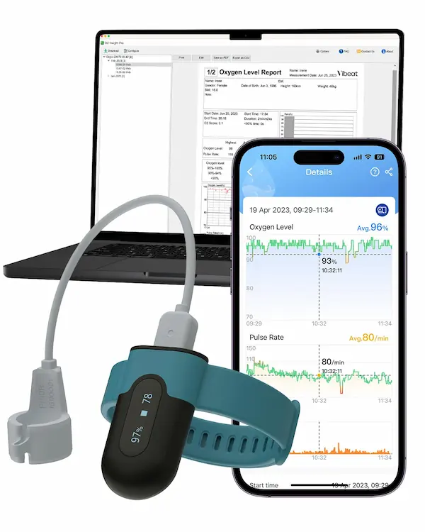 A laptop, a smartphone displaying health data graphs, and a blue wearable pulse oximeter with a finger sensor, used for monitoring oxygen levels and pulse rate.
