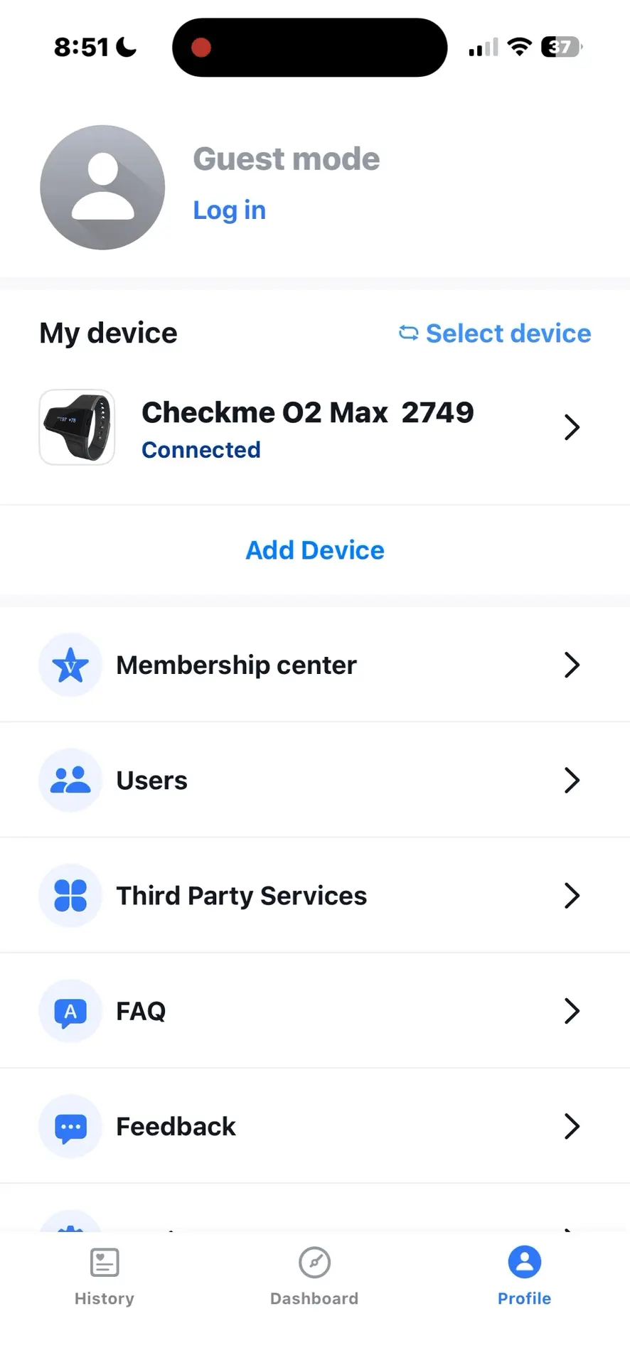 A smartphone screen shows the profile page of a health app in Guest mode. A Checkme O2 Max device is connected. Menu options include Membership Center, Users, Third Party Services, FAQ, and Feedback.