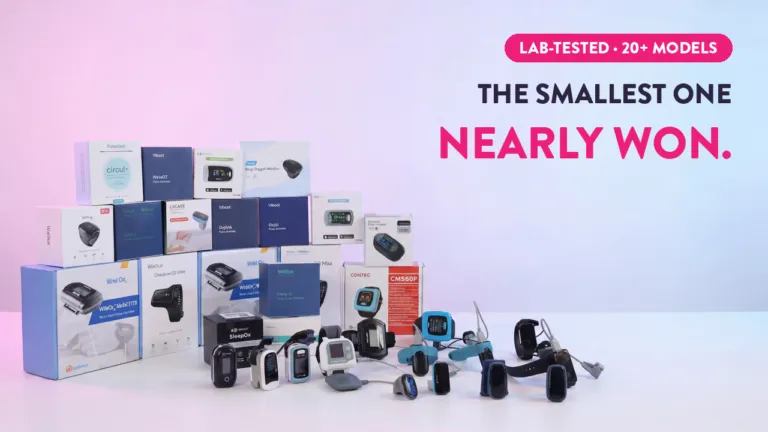 Lab-tested pulse oximeters comparison showing 20+ models including Contec CMS60P, Wellue, and wrist oximeters