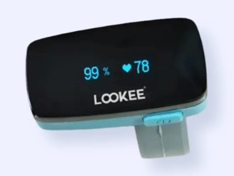 A digital fingertip pulse oximeter displaying a 99% oxygen saturation level and a heart rate of 78 bpm, with the brand name LOOXEE visible on the device.