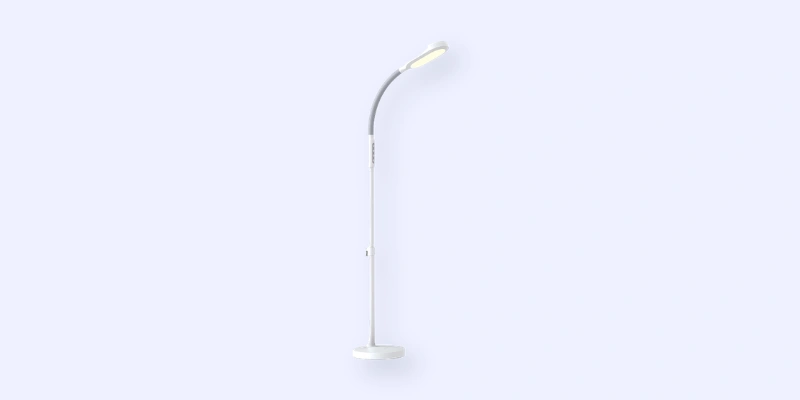 A modern, white, minimalist floor lamp with a curved neck and an LED light head, standing against a plain, light-gray background.