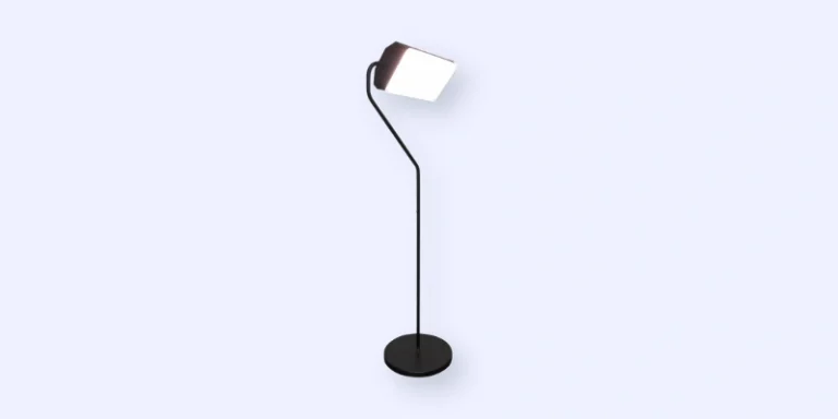A modern black floor lamp with a slim, angled stand and a rectangular white lampshade, standing on a round base against a light background.