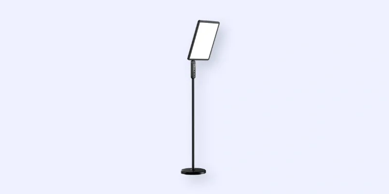 A modern black floor lamp with a rectangular, slightly angled light panel and a slim pole stand on a round base, set against a plain light background.