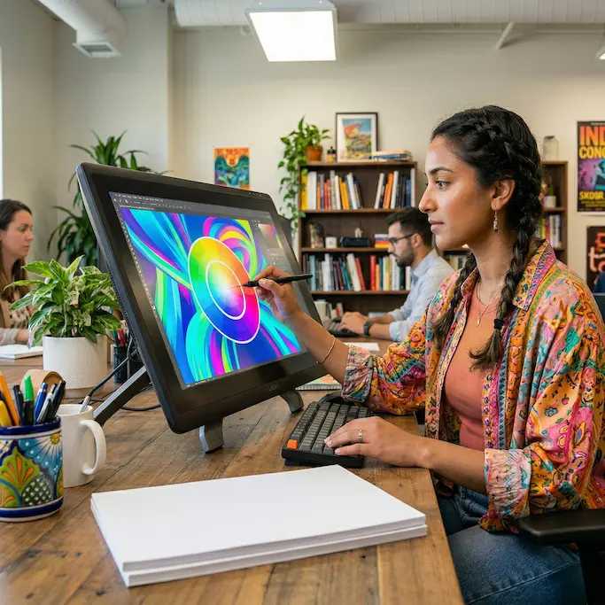 A woman draws colorful digital art on a graphics tablet at a wooden desk in a bright, modern office with bookshelves and other people working in the background.